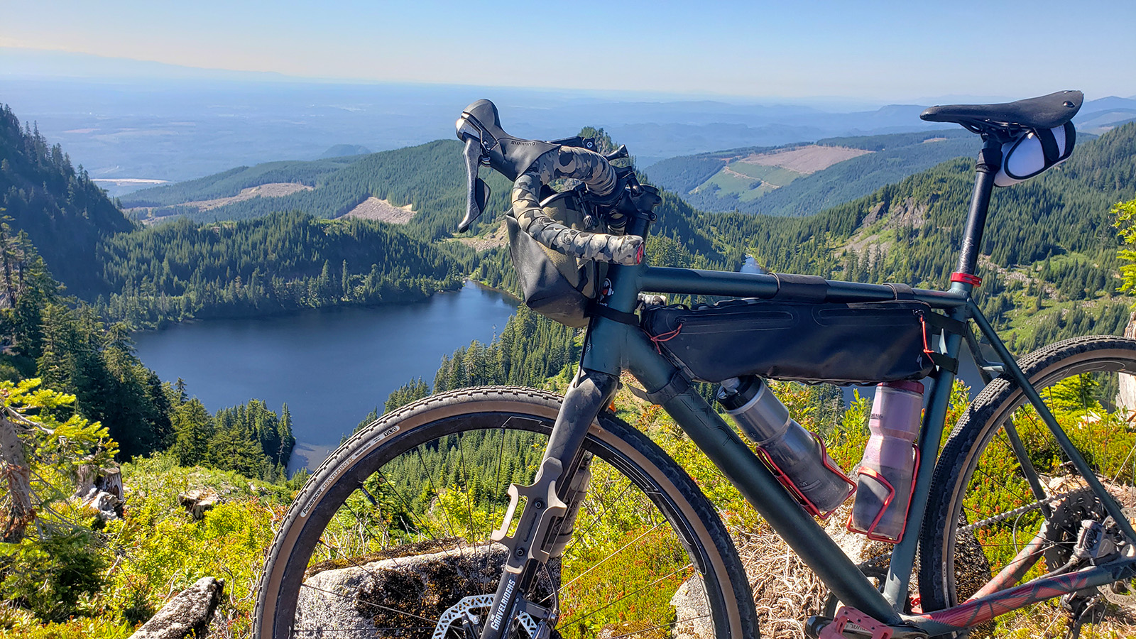 gravel bike overlooking moolock smc and nadeau lakes