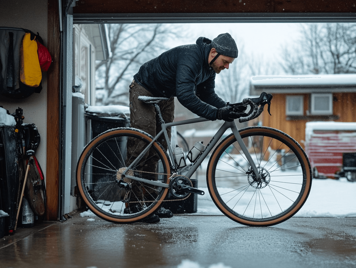 groovebackunltd_man_in_his_garage_winterizing_his_gravel_bicy_eb066673-9d5f-4e51-a678-87c470a357b9_3 man leaning over his gravel bike