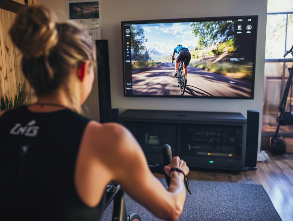 indoor-training-approaches woman on bike trainer watching tv screen