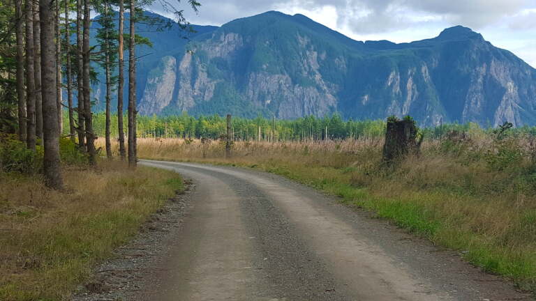 Gravel road leading toward Mount Si in the Cascade foothills, Pacific Northwest
