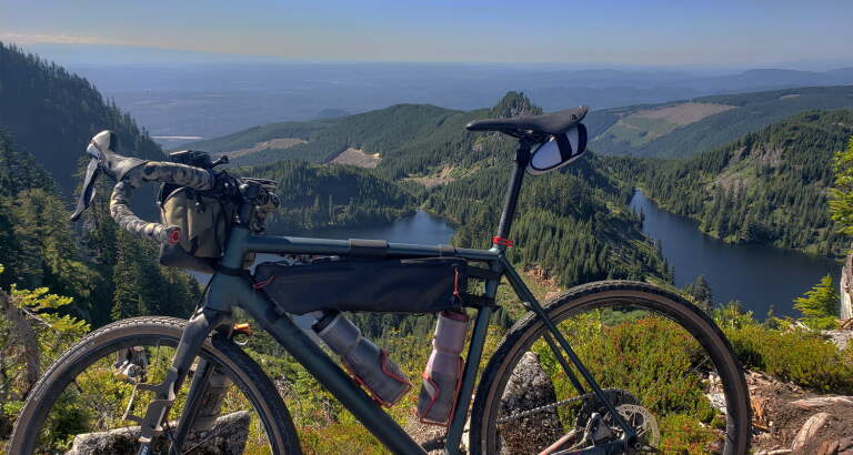 Gravel road through Pacific Northwest forest, early morning light